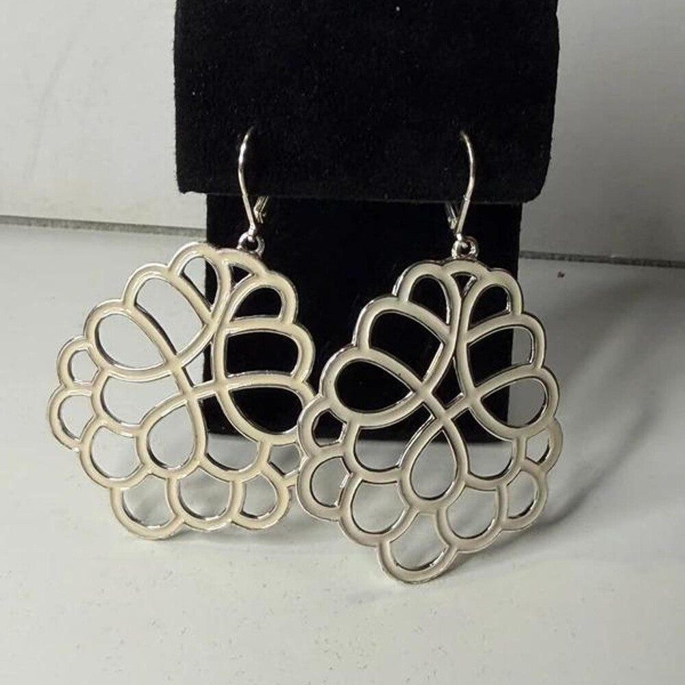 Silver Geometric Openwork Cutout Statement Dangle Earrings